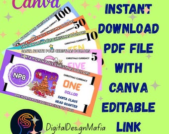 Dinero de juguete imprimible del Polo Norte / Actividad navideña para niños (Canva editable)