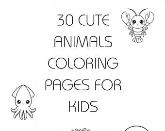Libro para colorear de 30 animales para niños: 6 páginas para colorear imprimibles / Ilustraciones de animales adorables / Actividad educativa en PDF / Aprendizaje divertido para niños pequeños