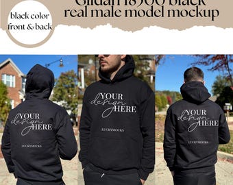Mockup di felpa con cappuccio Gildan 18500, vista anteriore e posteriore, mockup di modello maschile reale, mockup di felpa con cappuccio da uomo G185