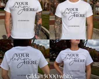 Gildan 5000 White T-shirt Mockup, Front and Back Bundle, Gildan Shirt Male and Female Mockup Bundle, Gildan 5000 Mockup Bundle