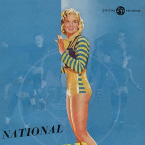 May include: Vintage poster for the National Roller Derby. A woman in a yellow and blue striped top and shorts, wearing white roller skates. The poster has a blue background with the words "National Roller Derby" in yellow.