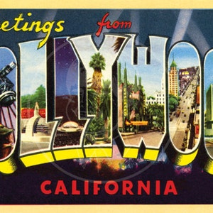 Saudações de Hollywood, CA - Impressão em tela giclée 10x16 de cartão postal vintage