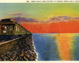 Great Salt Lake Cut Off at Sunset - 10x16 Giclée Canvas Print of Vintage Postcard