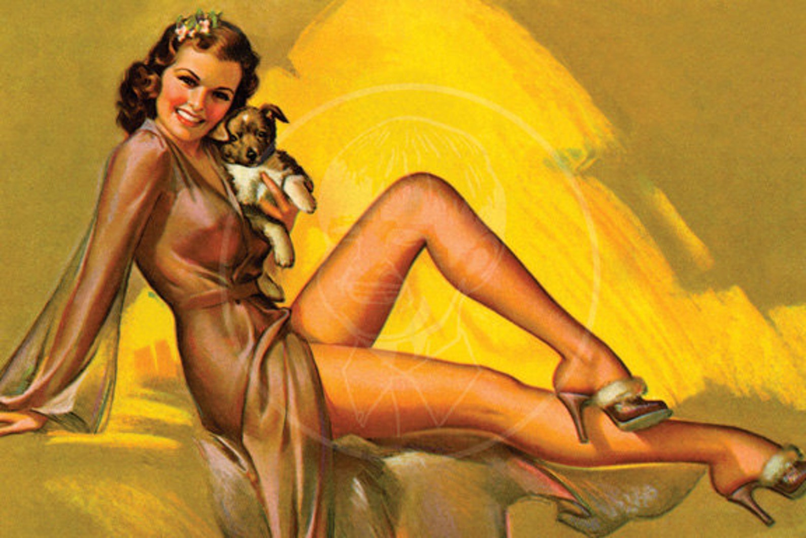 Woman with Puppy - 10x15 Giclée Canvas Print of Vintage Pinup.