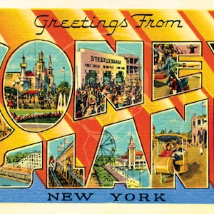 Salutations de Coney Island (style 1) - 10 x 16 impression Giclée sur toile Vintage carte postale
