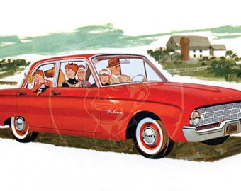 1960 Ford Falcon Fordor Sedan - 10x16 Giclée Canvas Print of Vintage Advertising Postcard