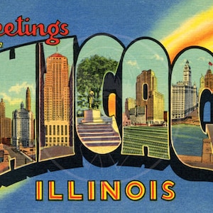 Saludos desde Chicago - 10 x 16 impresión Giclée lienzo de postal Vintage