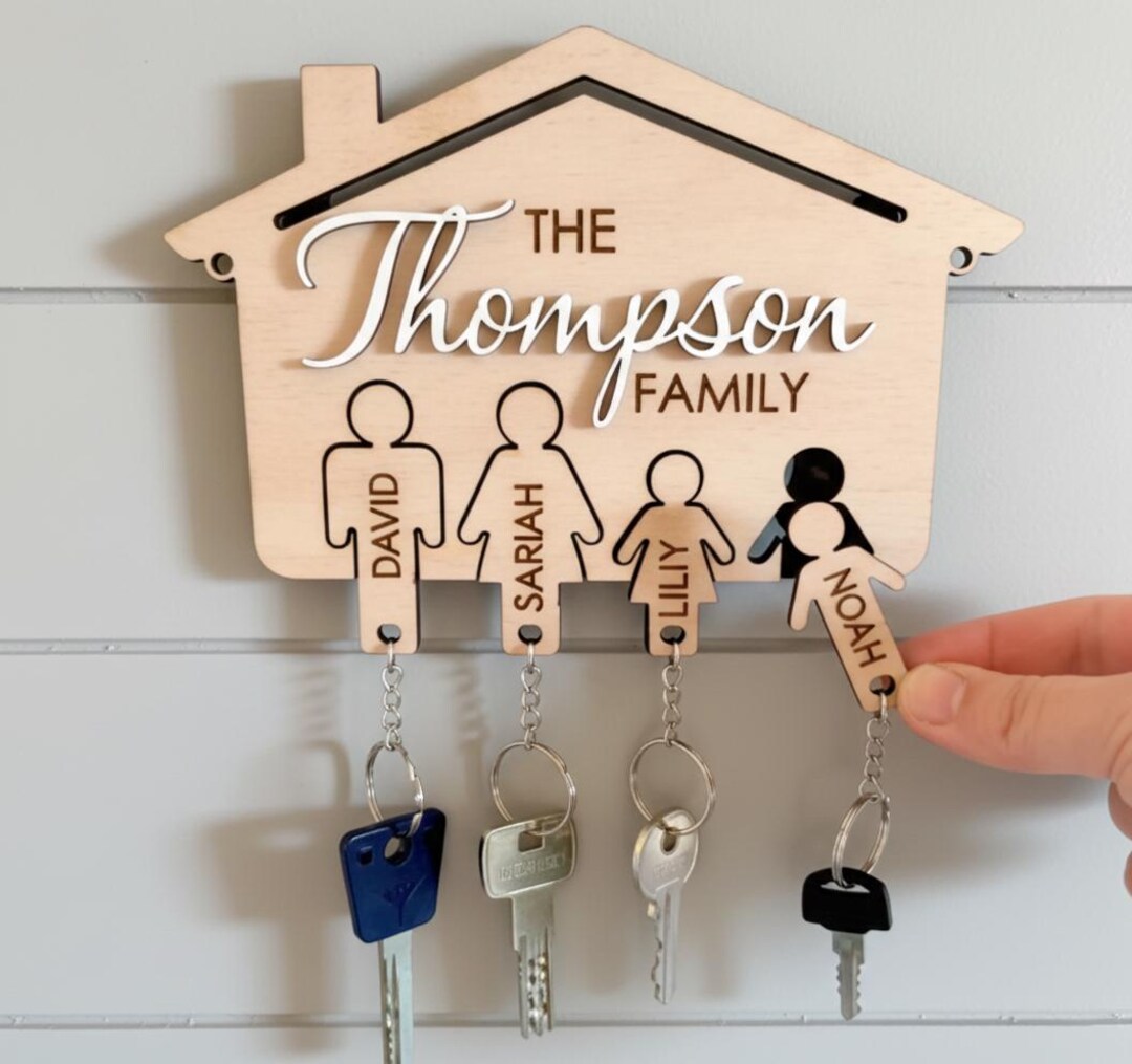 Personalized Family Key Holder, Custom Wooden Key Rack, Family Name Key ...