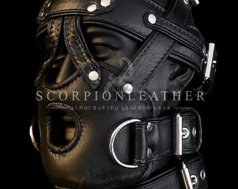 Handmade Genuine Leather Full Head Hood Mask with Adjustable Buckle Straps