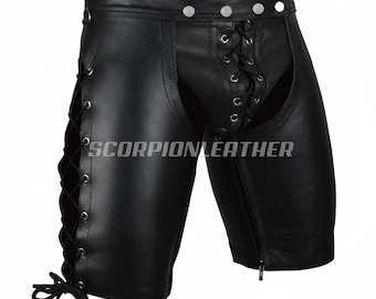 Men’s Handmade Leather Chaps Shorts – Lace-Up Side Detail – Custom Size Genuine Leather Festival Wear
