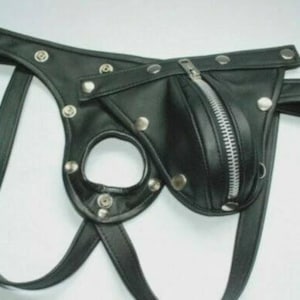 May include: Black leather jockstrap with a zippered pouch and silver-tone metal rivets. The jockstrap features a circular opening and adjustable straps. The design includes a zipper closure and is made of a smooth, shiny material.