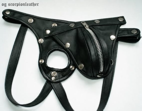 Handmade Men’s Black Lamb Leather Harness Briefs Gothic Jockstrap Pouch
