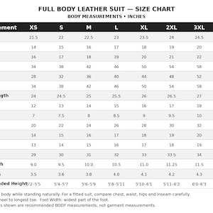 May include: A black and white size chart for a full body leather suit, listing body measurements in inches from XS to 4XL. It includes rows for head, neck, shoulder, chest, waist, hips, sleeve length, bicep, wrist, thigh, knee, calf, inseam, and foot.