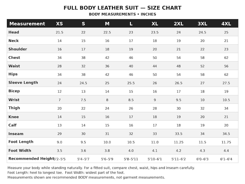 May include: A black and white size chart for a full body leather suit, listing body measurements in inches from XS to 4XL. It includes rows for head, neck, shoulder, chest, waist, hips, sleeve length, bicep, wrist, thigh, knee, calf, inseam, and foot.