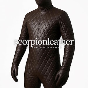May include: A dark brown full-body suit featuring a quilted diamond pattern throughout the entire garment. The suit includes an integrated hood with a single horizontal eye slit and matching gloves. The text scorpionleather is visible.
