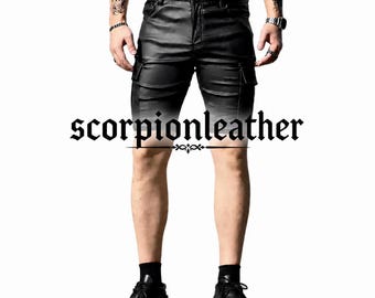 Men’s Black Leather Cargo Shorts | Slim Fit Streetwear | Gothic Punk Inspired Festival Outfit