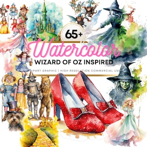 May include: A collection of watercolour illustrations inspired by The Wizard of Oz, including characters like Dorothy, the Tin Man, and the Wicked Witch. The image features ruby slippers and the text "65+ Watercolor Wizard of Oz Inspired".