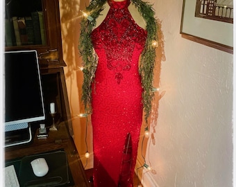 Glamorous Vintage Beaded Red Silk Gown