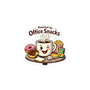 May include: A sticker featuring a smiling coffee cup with steam, surrounded by donuts, popcorn, and other snacks. The text "Powered by Office Snacks" is displayed above the cup. The design has a cartoon style with bright colors.