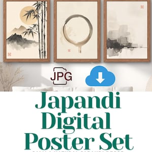 以下が含まれることがあります： 3つの額入りJapandiスタイルのデジタルポスター。アートは、竹と太陽の風景、抽象的な円、ミニマリストの風景を特徴としています。フレームは明るい茶色です。「Japandi Digital Poster Set」というテキストが下に表示されています。