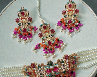 Multicolor Kundan Pearl Bridal Jewelry Set | Indian Pakistani Wedding Earrings & Choker | Statement Traditional Jewelry