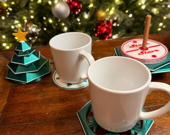 Custom Christmas Coaster Tree Set – 7-Piece Holiday Coasters with Personalized Names