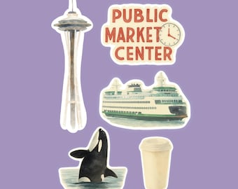 May include: A set of watercolour-style stickers depicting Seattle landmarks. Includes the Space Needle, a ferry, a killer whale, a coffee cup, and a Public Market Center sign with a clock. The stickers are set against a purple background.