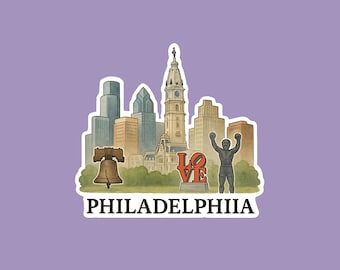 May include: A sticker featuring a watercolor illustration of the Philadelphia skyline, including the Liberty Bell, the LOVE statue, and the Rocky statue. The word "PHILADELPHIIA" is printed below the image.