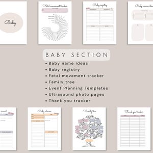 May include: A collection of printable baby-themed templates, including a baby registry, fetal movement tracker, and baby name ideas. The templates are in soft pastel colors and feature a minimalist design. The text "Baby Section" is displayed prominently.