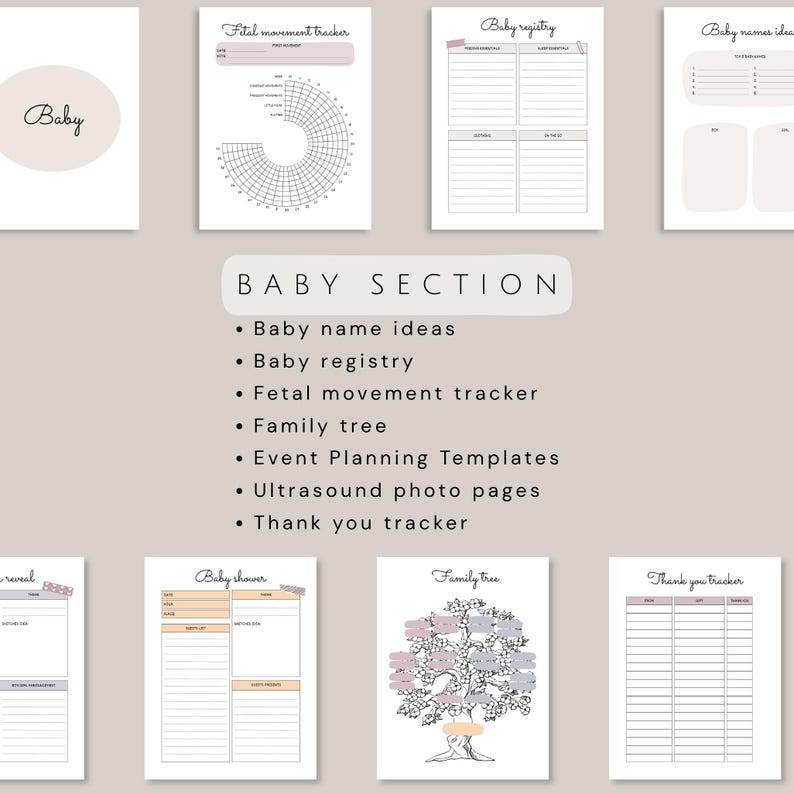 May include: A collection of printable baby-themed templates, including a baby registry, fetal movement tracker, and baby name ideas. The templates are in soft pastel colors and feature a minimalist design. The text "Baby Section" is displayed prominently.