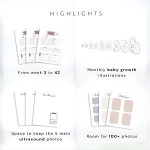 May include: A layout of a pregnancy journal with the title "HIGHLIGHTS". The journal includes pages for weekly tracking, baby growth illustrations, space for ultrasound photos, and room for over 100 photos. The text reads "From week 3 to 42".