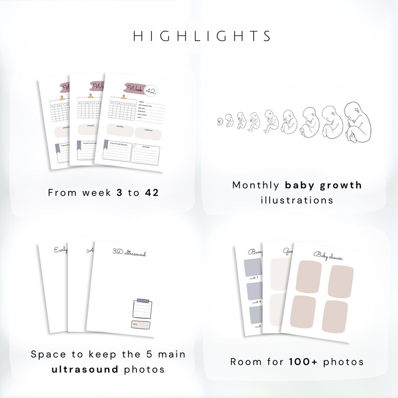 May include: A layout of a pregnancy journal with the title "HIGHLIGHTS". The journal includes pages for weekly tracking, baby growth illustrations, space for ultrasound photos, and room for over 100 photos. The text reads "From week 3 to 42".