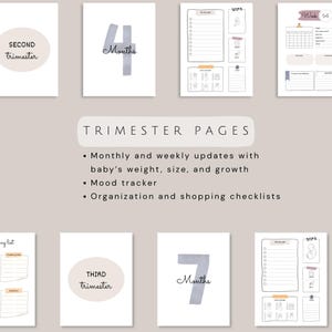 May include: A collection of white pages with text and illustrations for trimester planning. The pages include headings such as "Second Trimester," "4 Months," and "Third Trimester." The text "Trimester Pages" is also visible, along with bullet points describing the contents.