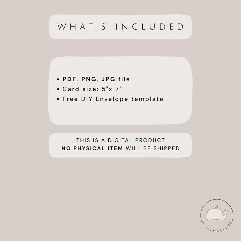 Peut inclure: Annonce de produit num&eacute;rique avec le texte &laquo;&nbsp;WHAT'S INCLUDED&nbsp;&raquo; en haut. Les fichiers inclus sont PDF, PNG et JPG. La taille de la carte est de 12,7 cm x 17,8 cm, et un mod&egrave;le d'enveloppe de bricolage gratuit est inclus. Le texte &laquo;&nbsp;THIS IS A DIGITAL PRODUCT NO PHYSICAL ITEM WILL BE SHIPPED&nbsp;&raquo; est &eacute;galement pr&eacute;sent.
