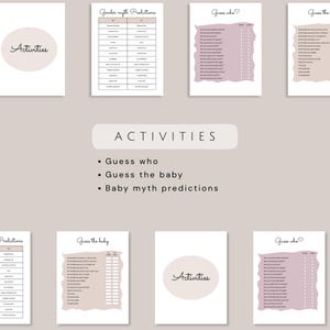 May include: A collection of printable baby shower games, including "Guess Who," "Guess the Baby," and "Baby Myth Predictions." The games are printed on white paper with soft, neutral color accents, perfect for a baby shower.