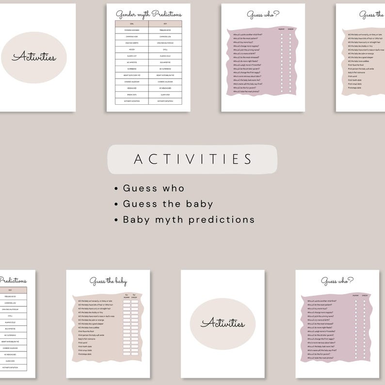 May include: A collection of printable baby shower games, including "Guess Who," "Guess the Baby," and "Baby Myth Predictions." The games are printed on white paper with soft, neutral color accents, perfect for a baby shower.