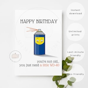 May include: A white greeting card featuring a blue spray can illustration with a yellow smiling face. The text reads HAPPY BIRTHDAY at the top and you're not old... you just need a little WD-40 at the bottom. A small whale logo is visible.