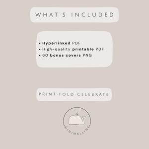 May include: A beige graphic with the text "WHAT'S INCLUDED" at the top. Below, bullet points list "Hyperlinked PDF," "High-quality printable PDF," and "60 bonus covers PNG." The bottom reads "PRINT. FOLD. CELEBRATE" with a whale logo.