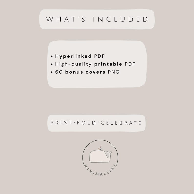 May include: A beige graphic with the text "WHAT'S INCLUDED" at the top. Below, bullet points list "Hyperlinked PDF," "High-quality printable PDF," and "60 bonus covers PNG." The bottom reads "PRINT. FOLD. CELEBRATE" with a whale logo.