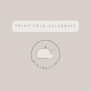 May include: A logo featuring a simple line drawing of a whale with a small colorful water spout inside a thin black circle. Below the whale is the text MINIMALLINE. Above the circle is a rectangular banner with the text PRINT FOLD CELEBRATE.