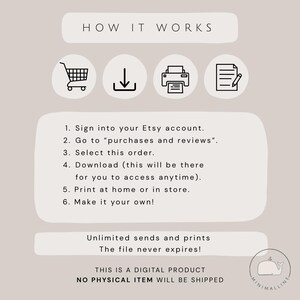 May include: A beige digital product guide with the text "HOW IT WORKS" at the top. The guide includes numbered steps with icons for shopping cart, download, printer, and document. The text explains how to access and use the digital product.