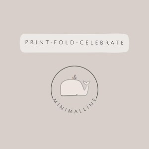 Peut inclure: Logo minimaliste avec une illustration de baleine beige clair dans un cercle. La baleine a un petit d&eacute;tail v&eacute;g&eacute;tal sur le dos. Le texte "PRINT &bull; FOLD &bull; CELEBRATE" est au-dessus et "MINIMALLINE" en dessous.