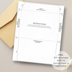 Peut inclure: Un mod&egrave;le d'enveloppe en papier blanc avec des instructions de pliage, avec des lignes pointill&eacute;es et des marques de coupe. Le texte comprend "Instructions" et "Free DIY envelope with its instructions is included."