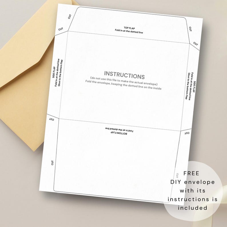 Peut inclure: Un mod&egrave;le d'enveloppe en papier blanc avec des instructions de pliage, avec des lignes pointill&eacute;es et des marques de coupe. Le texte comprend "Instructions" et "Free DIY envelope with its instructions is included."