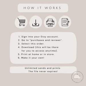 Peut inclure: Graphique beige avec le texte &laquo;&nbsp;HOW IT WORKS&nbsp;&raquo; et des &eacute;tapes num&eacute;rot&eacute;es pour t&eacute;l&eacute;charger un fichier depuis Etsy. Comprend des ic&ocirc;nes de panier, fl&egrave;che de t&eacute;l&eacute;chargement, imprimante et document. Le texte explique le processus d'acc&egrave;s et d'impression du fichier.