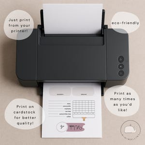 May include: A black printer with a white sheet of paper being printed. The paper has a weekly planner layout with the text "Week 4" in a mauve color. The image also includes the text "Just print from your printer!" and "Print as many times as you'd like!"