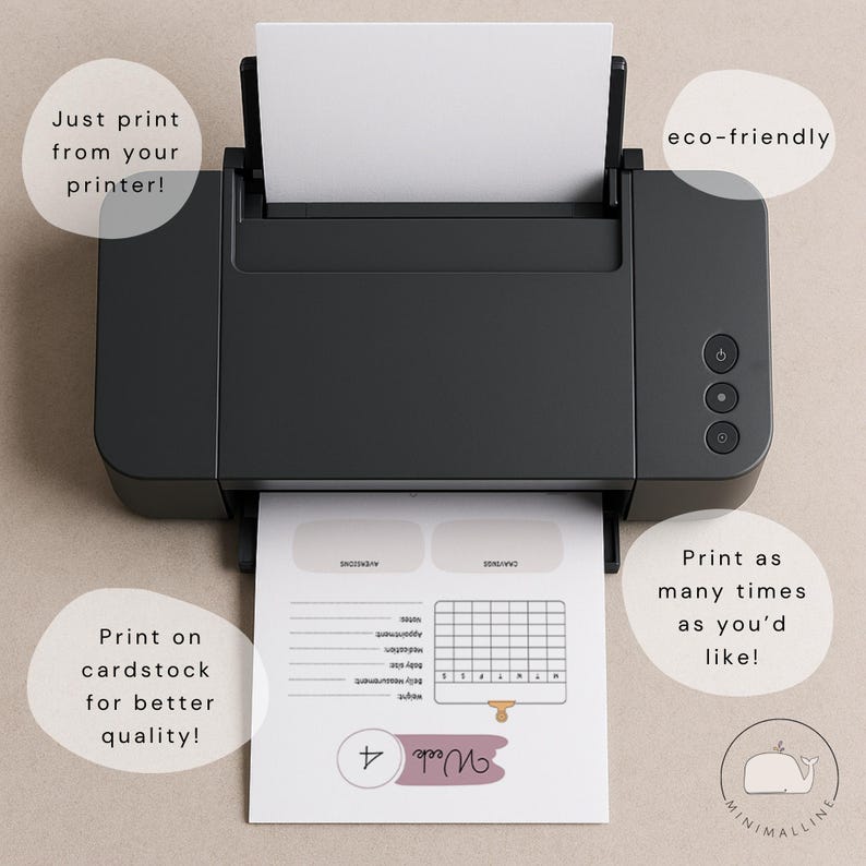 May include: A black printer with a white sheet of paper being printed. The paper has a weekly planner layout with the text "Week 4" in a mauve color. The image also includes the text "Just print from your printer!" and "Print as many times as you'd like!"