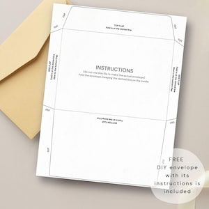 May include: A white paper template for a DIY envelope featuring black printed instructions, cut lines, and fold markers. The text reads INSTRUCTIONS, do not use this file to make the actual envelope, fold the envelope, keeping the dotted line on the inside.