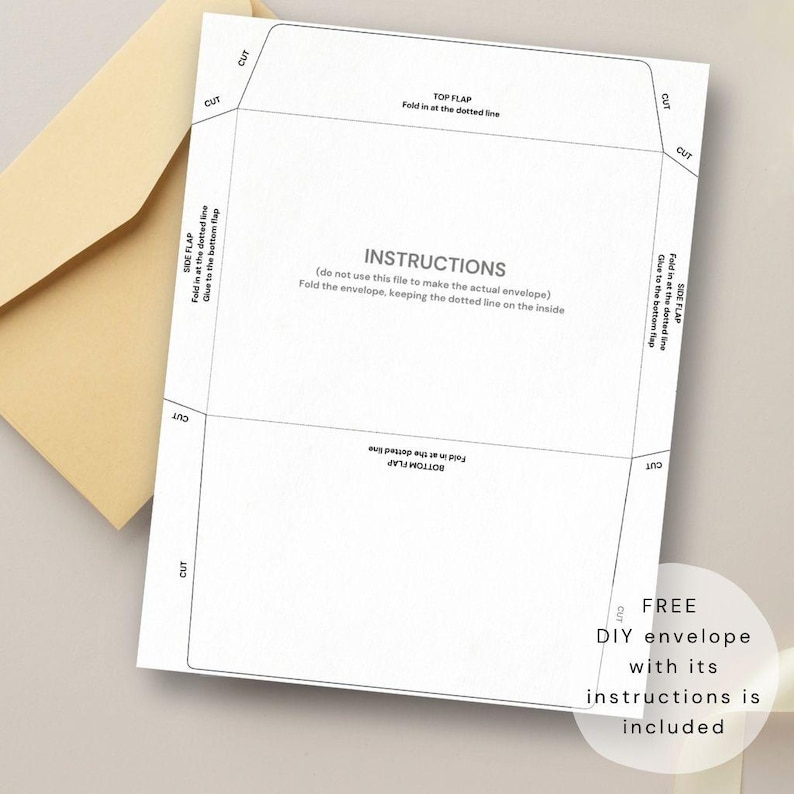May include: A white paper template for a DIY envelope featuring black printed instructions, cut lines, and fold markers. The text reads INSTRUCTIONS, do not use this file to make the actual envelope, fold the envelope, keeping the dotted line on the inside.