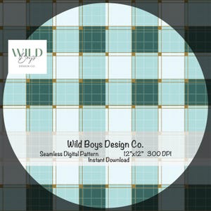 Può includere: Un motivo digitale senza cuciture con un motivo a quadri nei toni del verde acqua, bianco e verde scuro, con linee a griglia color oro. Il design misura 30,48 cm x 30,48 cm ed è etichettato "Wild Boys Design Co."